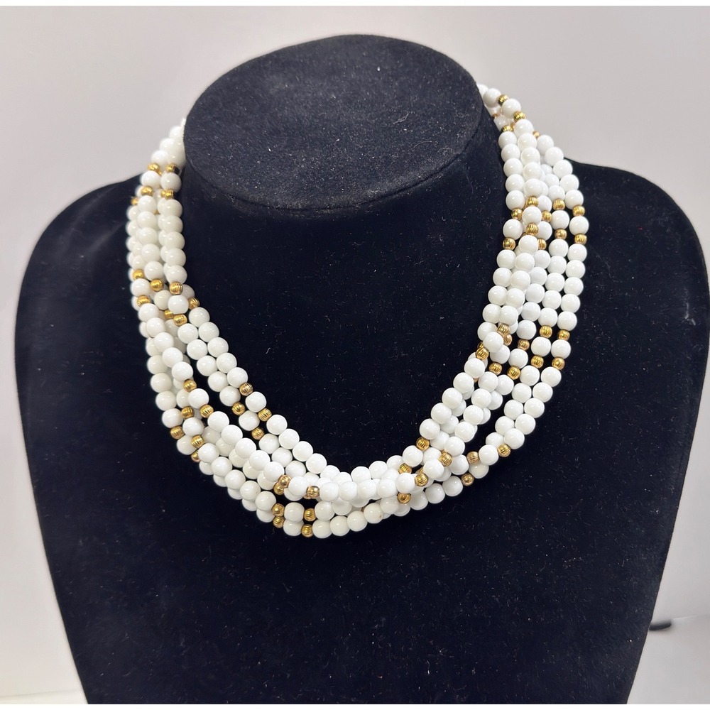 Multi Strand White milk glass Beaded Necklace Gold Tone Accent Clasp Statement - Picture 3 of 7